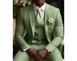 Ternos verdes para homens, blazer single-breasted, lapela entalhe, ajuste fino, roupa luxuosa, jaqueta de 3 peças, calça, colete, casamento, baile, festa