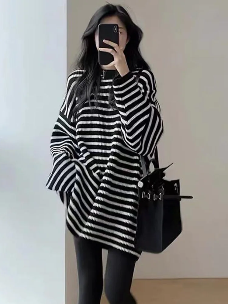 

plus Size Women's American Retro Striped Sweatshirt Loose Long Style Spring Autumn Comfortable Breathable Polyester Fiber