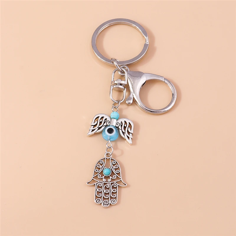 Retro Metal Turkish Luck Evil Eye Keychain Hamsa Hand Key Ring Pendants for Car Key Holder Handbag Decor Jewelry Gifts