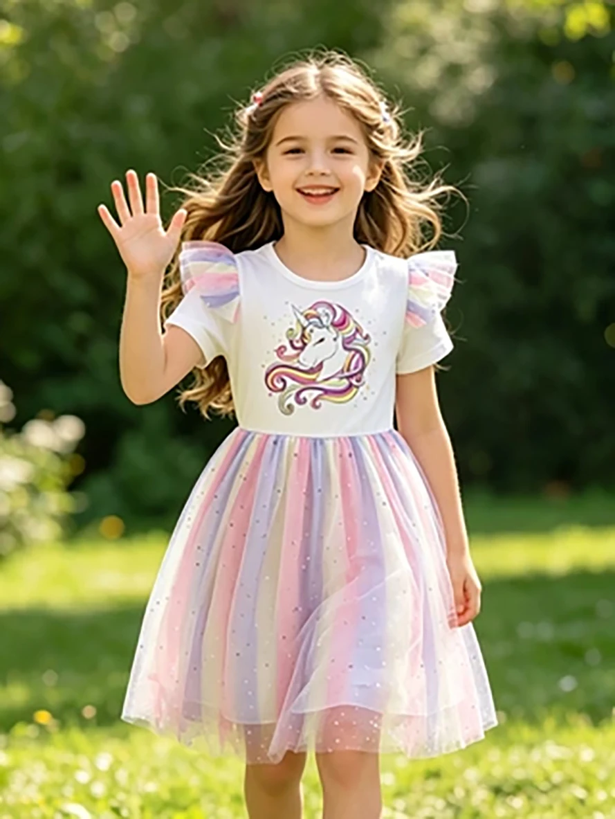 Girls' Unicorn Rainbow Tulle Princess Dress, Summer Short Sleeve Flutter Sleeve Puffy Skirt