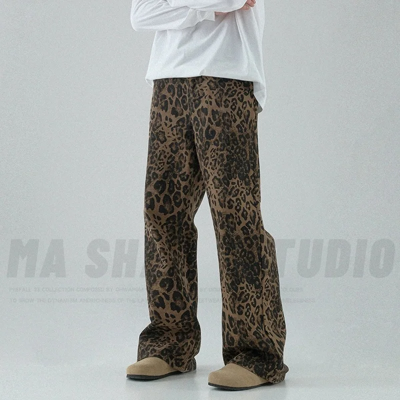 

2026 American Style Vintage Leopard Men Wide Leg Jeans Male High Waist Baggy Straight Casual Denim Pants Summer Thin Trousers