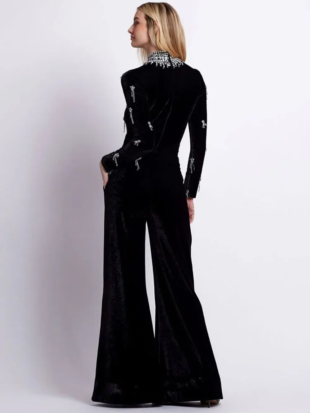 Modphy Sexy Turtleneck Beading Diamonds Bandage Jumpsuits Wide Leg Pants Women Black Long Sleeve Tassel Bodycon Jumpsuits