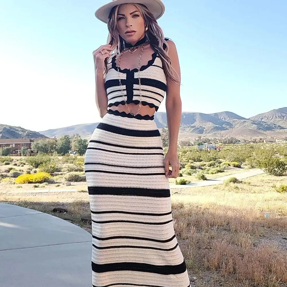 Women\'s Chic Striped Casual Tank Top Beach Bohemian Contrast Color Long Skirt Knitted Suit Elegant Matching Holiday Sets Outfit