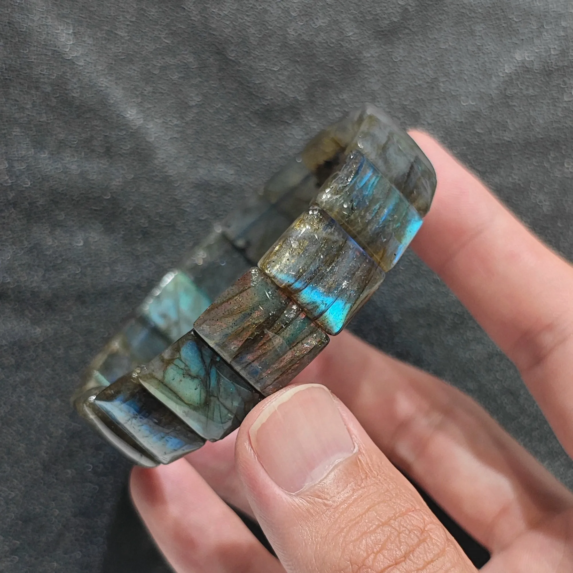 Natural Labradorite Quartz Bracelet Rectangle Block Stretch Bangle Blue Green Flash Gemstone Wristband Statement Gift for Men