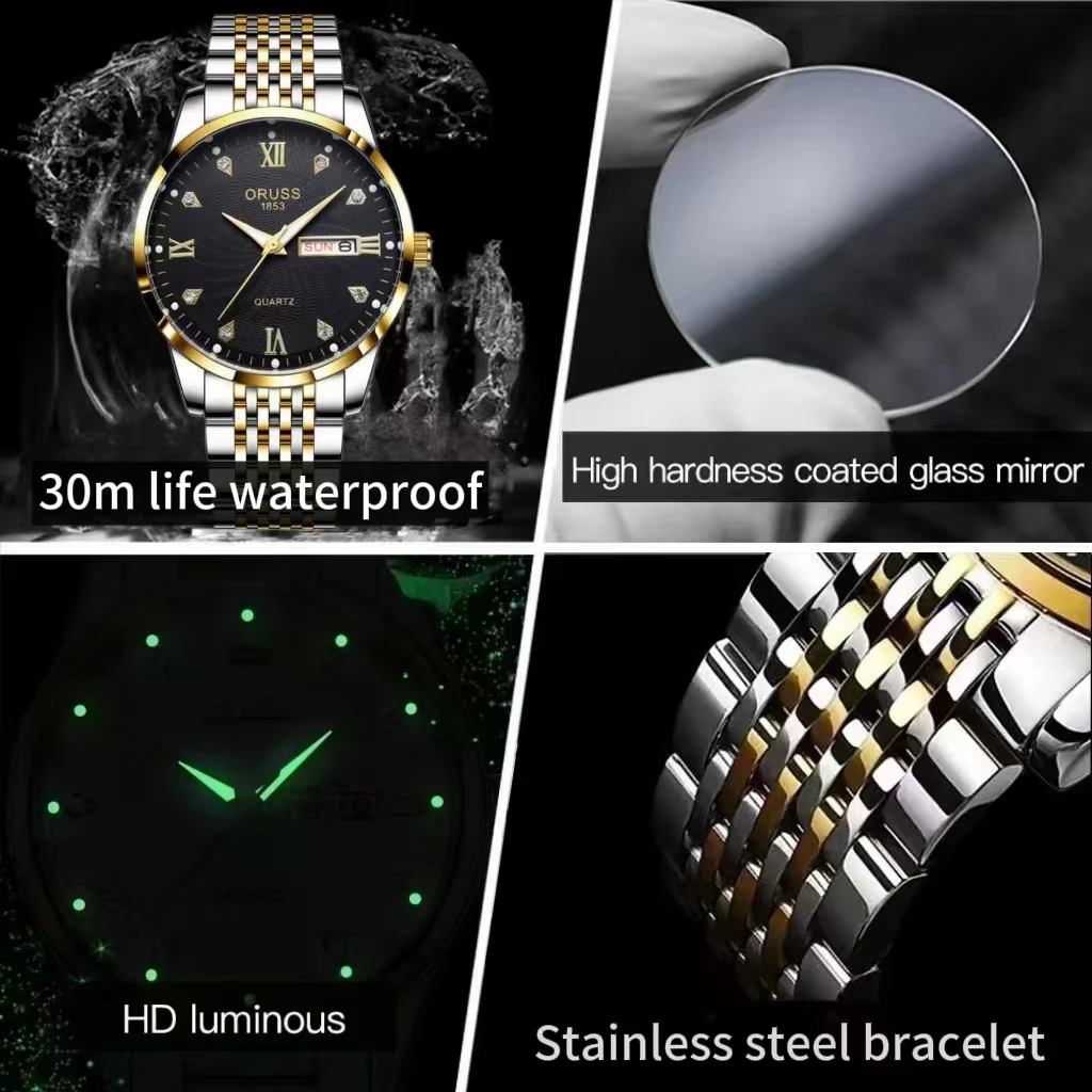 ORUSS оригинальные мужские часы из нержавеющей стали с двойным календарем, водонепроницаемые светящиеся роскошные золотые часы, модные кварцевые мужские наручные часы, новый бренд