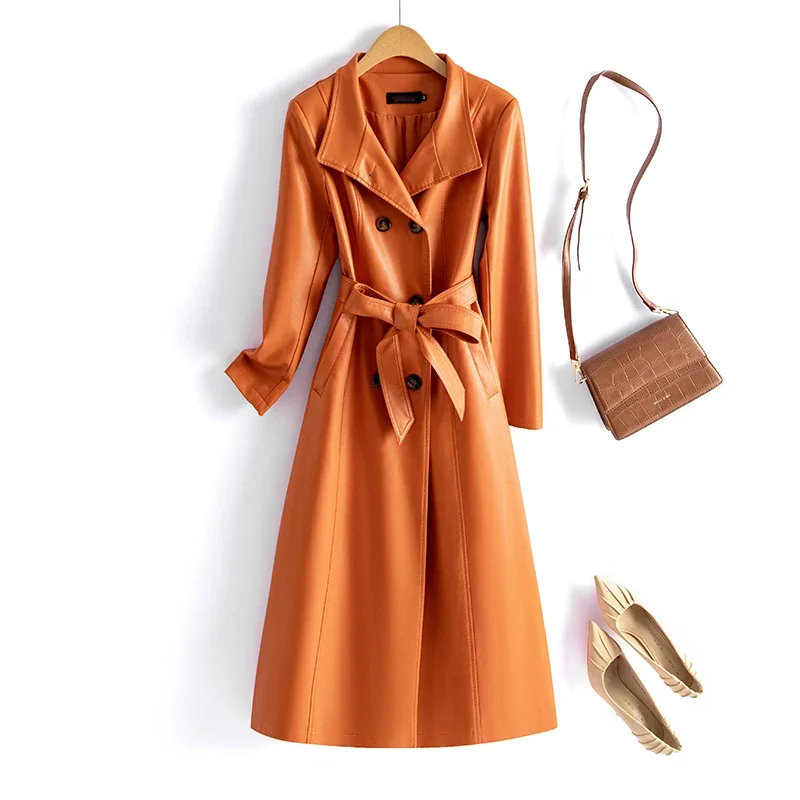 Long Jackets Spring Leather Trench Women Belt Fashion Long Coat High Quality M-7XL Faux Leather Clothing Outwear Suede SWREDMI