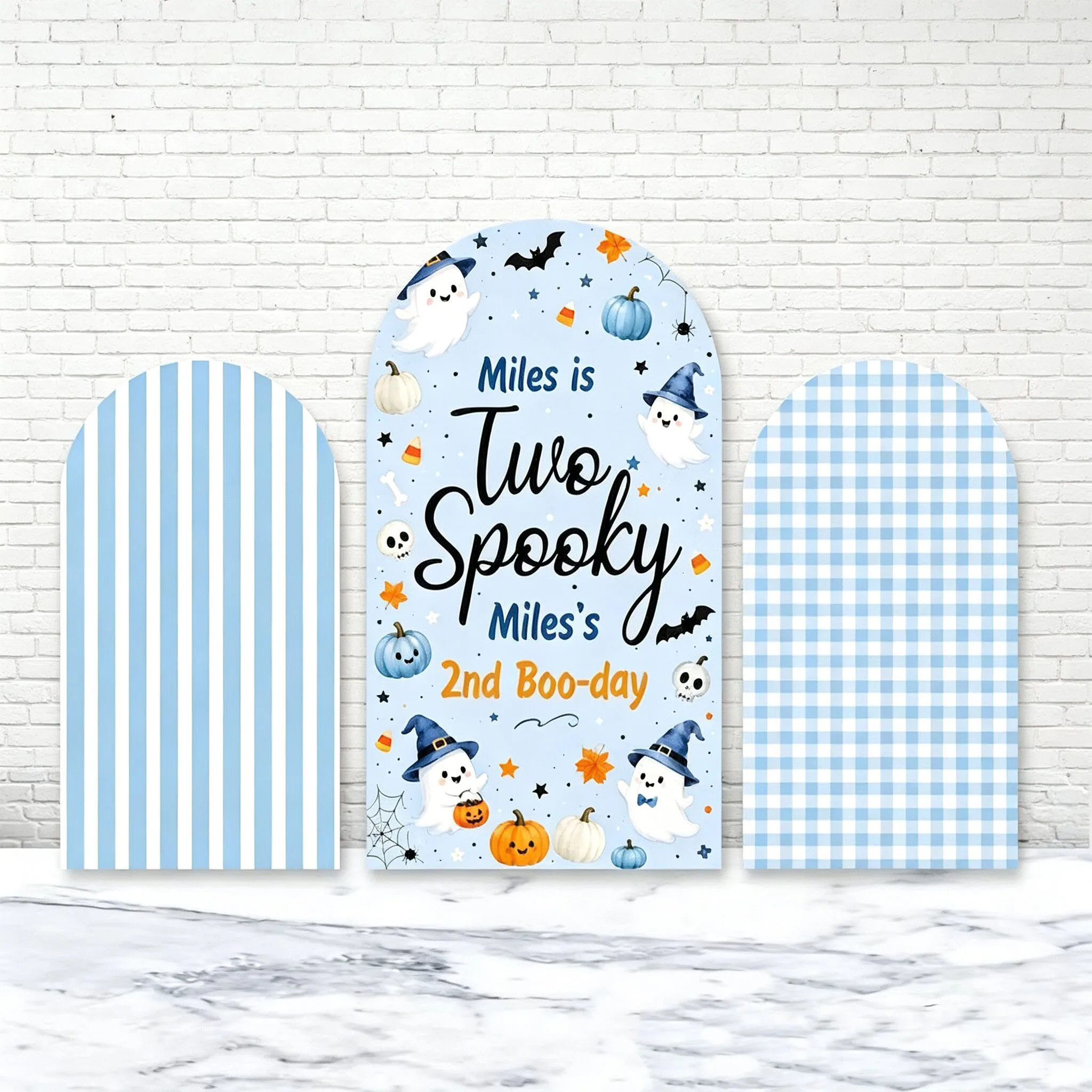 Custom 2-Side Two Spooky Baby Shower Arch Backdrop Cover Pumpkin Ghost Hallowee Blue Checkered Stripes Birthday Party Decor