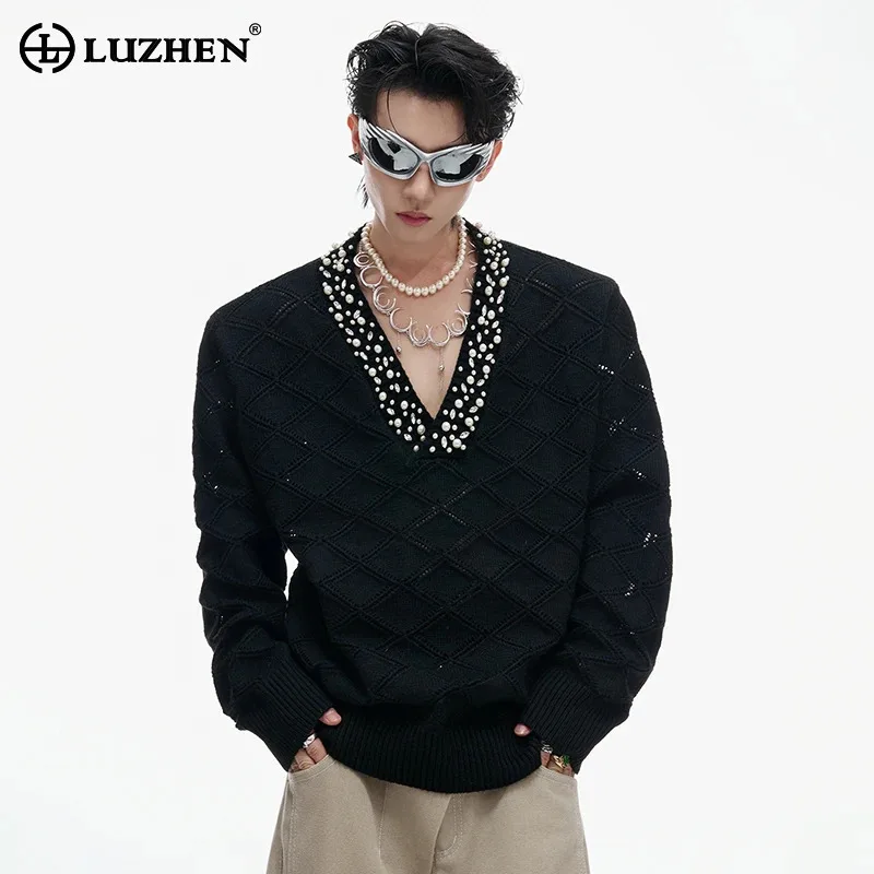 

LUZHEN Diamond Embroidery Big V Neck Long Sleeve Knitted Pullover Men 2025 Autumn Winter Fashion Elegant Sweater Tops JY3944