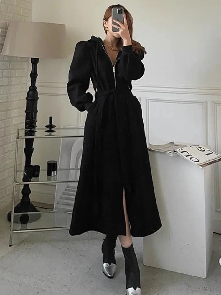 East Gate Chic Thiened longue fermeture éclair fendu à capuche vêtements d'extérieur décontractés confortable longue Sve lanterne Sve couleur Sweat
