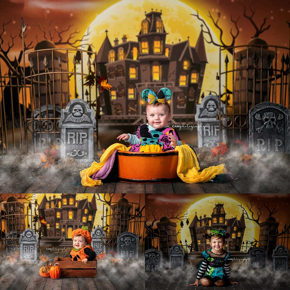 

Halloween Haunted Castle Photography Background Tombstone Moon Photo Studio Props Kids Portrait Cake Smash Backdrop Cloth