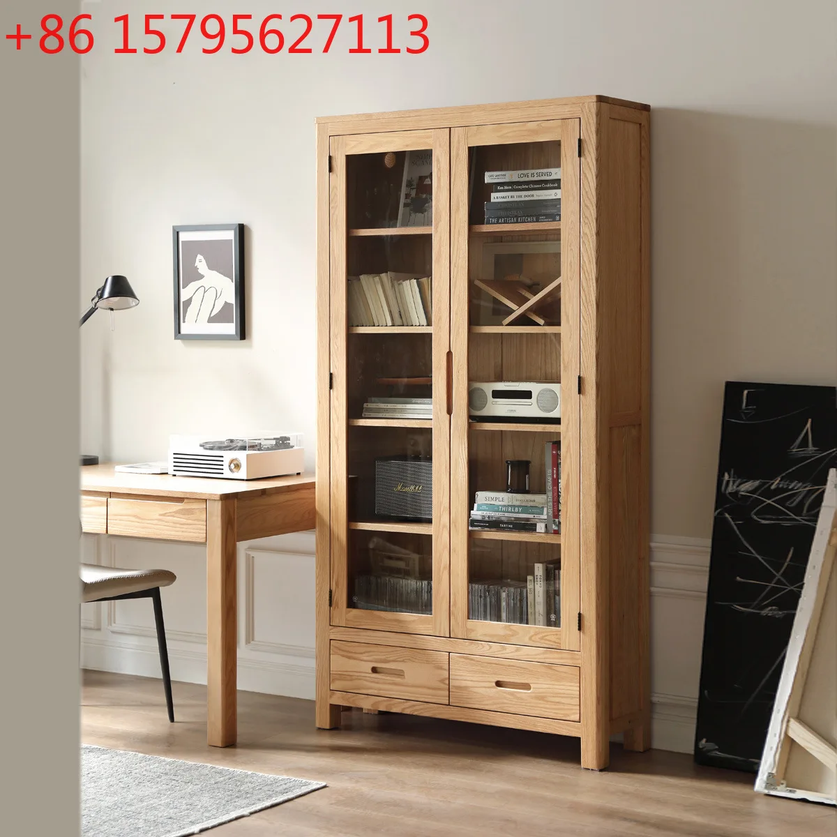 

Solid wood bookcase with glass free combination locker, household lattice display cabinet, integrated whole wall bookshelf