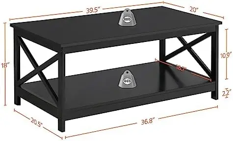 

Wood 2-Tier Black Coffee Table with for Living Room, X Design Accent Cocktail Table, Easy Assembly Home , 39.5 x 21.5 x 18 Inc