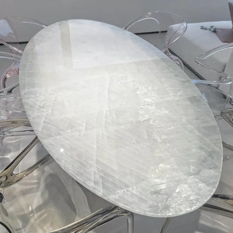 

Natural white ice jade dining table white crystal oval dining table glacier crystal large apartment villa dining table