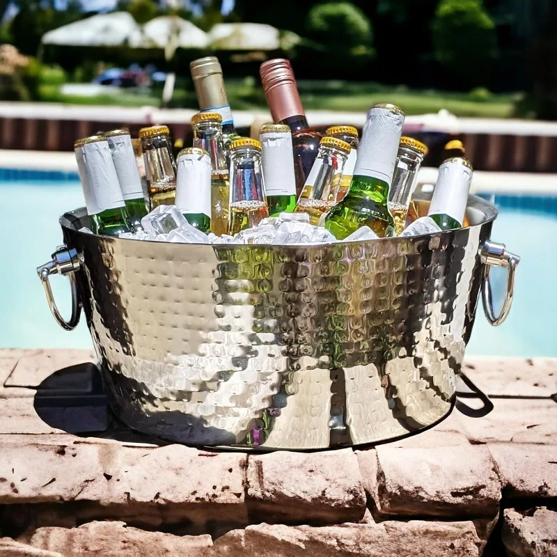 Hammered Stainless-Steel Beverage Tub, Double-Walled Insulated Anchored Drink Tub & Ice Bucket with Double Hinged Handles