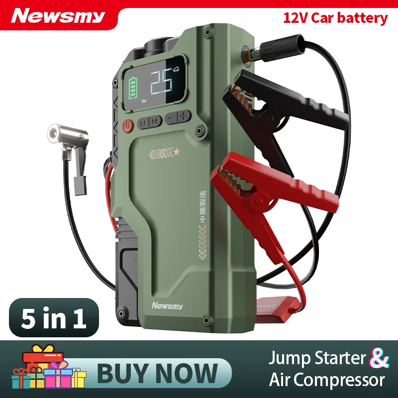 

Newsmy Jump Starter with Air Compressor Power Bank Portable Battery Car Booster Starting Device Car Accessories Tire Inflator