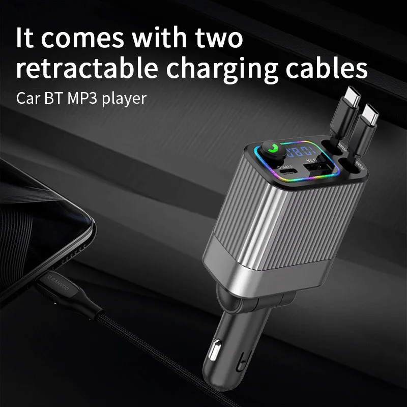 4-in-1 Retractable Car Charger Multifunction Bluetooth FM Transmitter PD USB C Fast Car Charging Adapter with Voltmeter Display