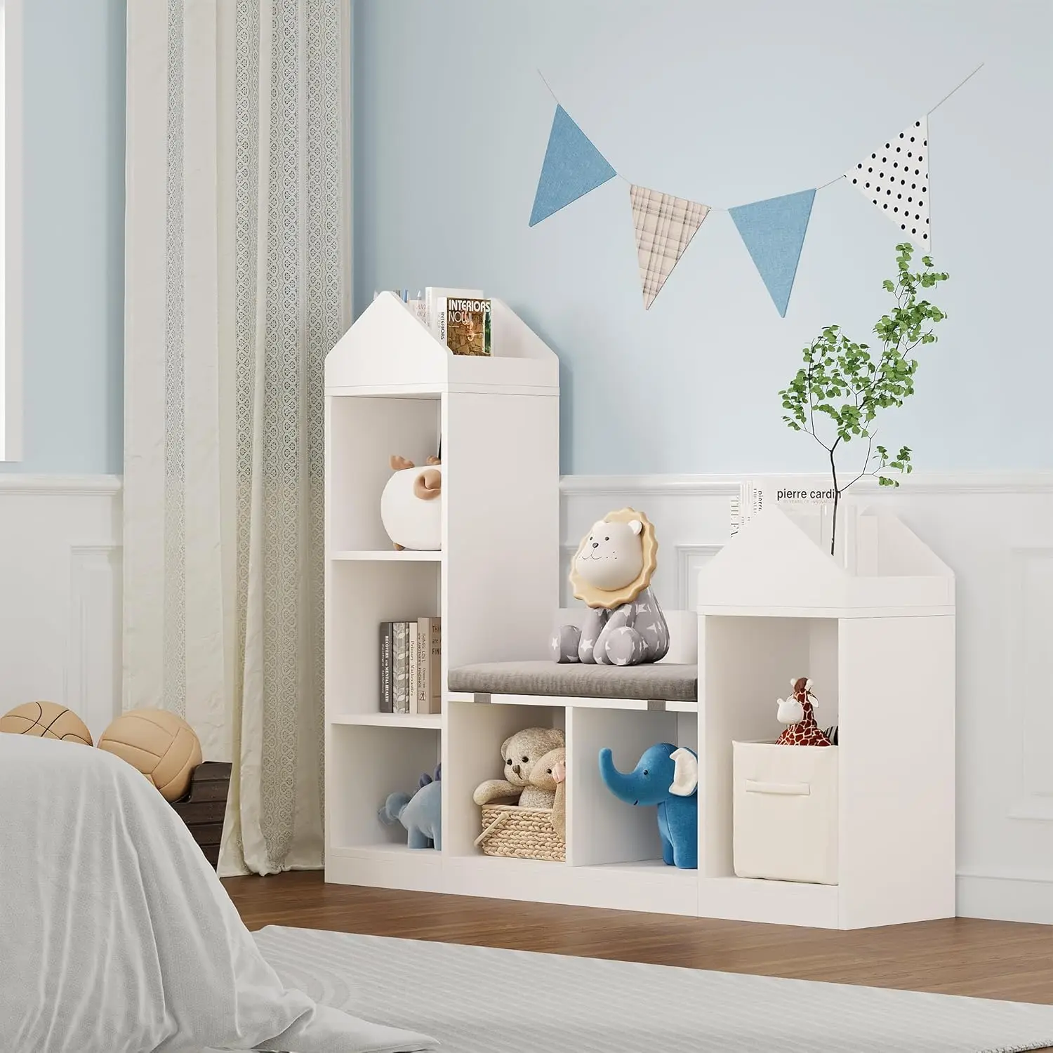 Kinder-Bücherregal mit 6 Fächern, Holz-Bücherregal, Spielzeug-Aufbewahrungsorganizer, Aufbewahrungsbank für Schlafzimmer, Weiße Kindermöbel