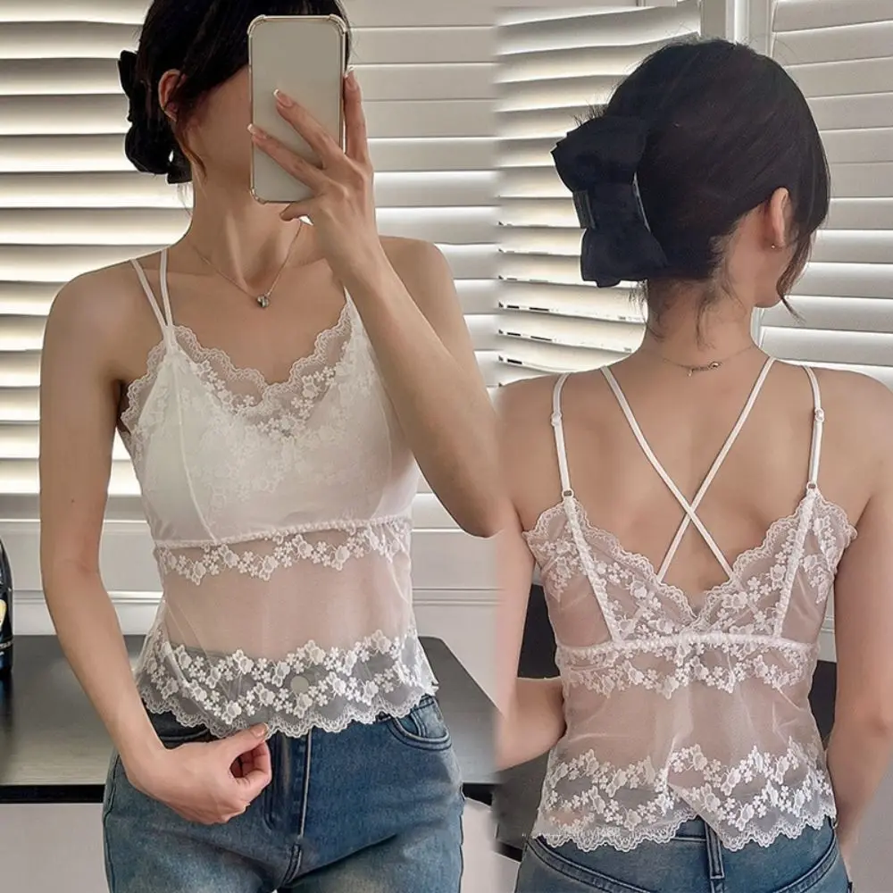 

Transparent Lace Camisole Vest Breathable Back Cross Lace Crop Tops Bra Push Up Underwear Lingerie Brassiere for Women Party