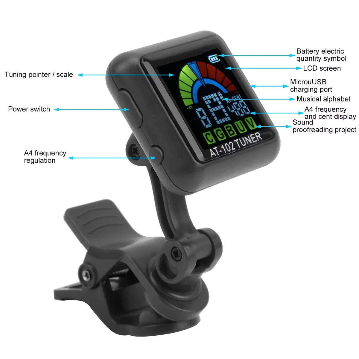 AROMA AT-102 Rechargeable Clip-on Guitar Tuner Color Screen with Built-in Battery USB Cable for Chromatic Guitar Bass Ukulele