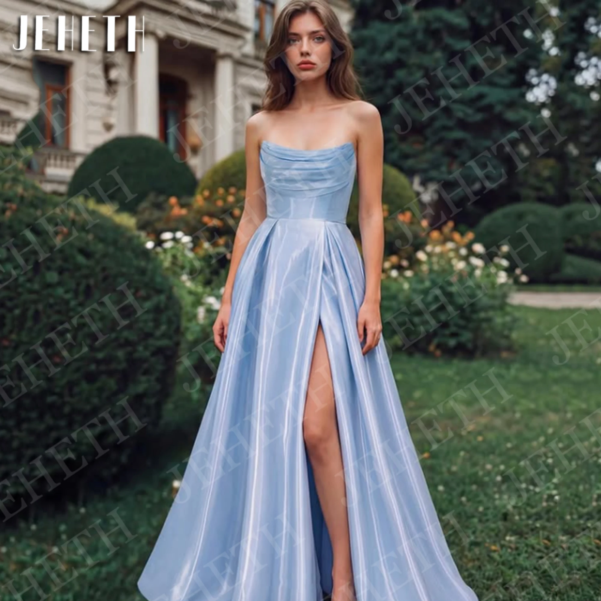 

JEHETH A Line Prom Dresses Blue Elegant Strapless Satin High Slit Formal Party Dress Customized Floor Length vestido formatura
