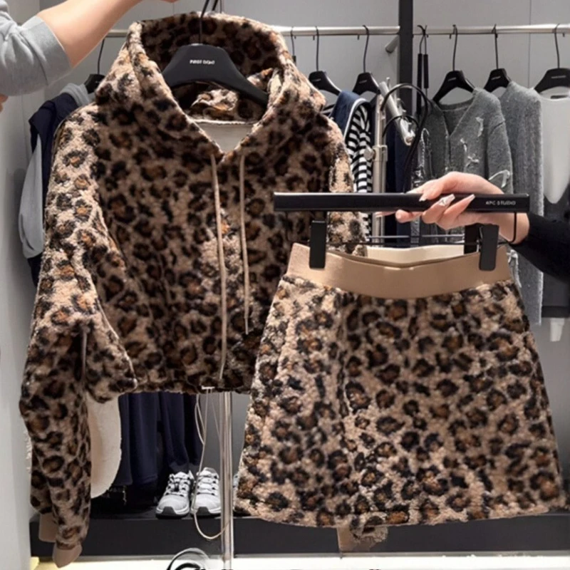 

American Vintage Leopard Print Drawstring Hooded Sweatshirt+ High Waist A-line Skirts Autumn Winter Fashion Two Piece Sets