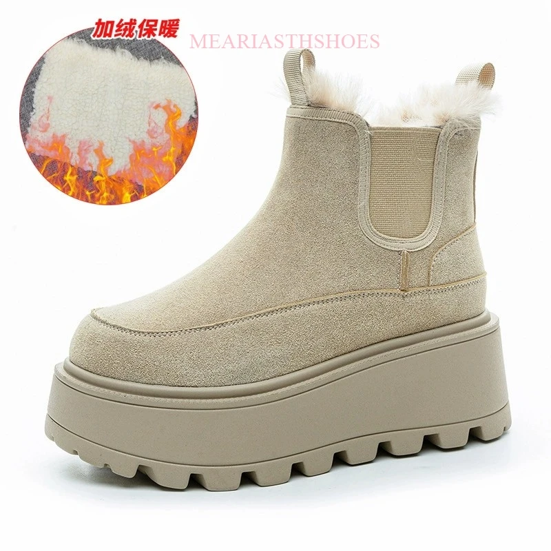 2026 Winter New Leather Thick Sole Chelsea Snow Boots Women's Fashion All-in-one Thick Fleece Warm Snow Cotton Shoes
