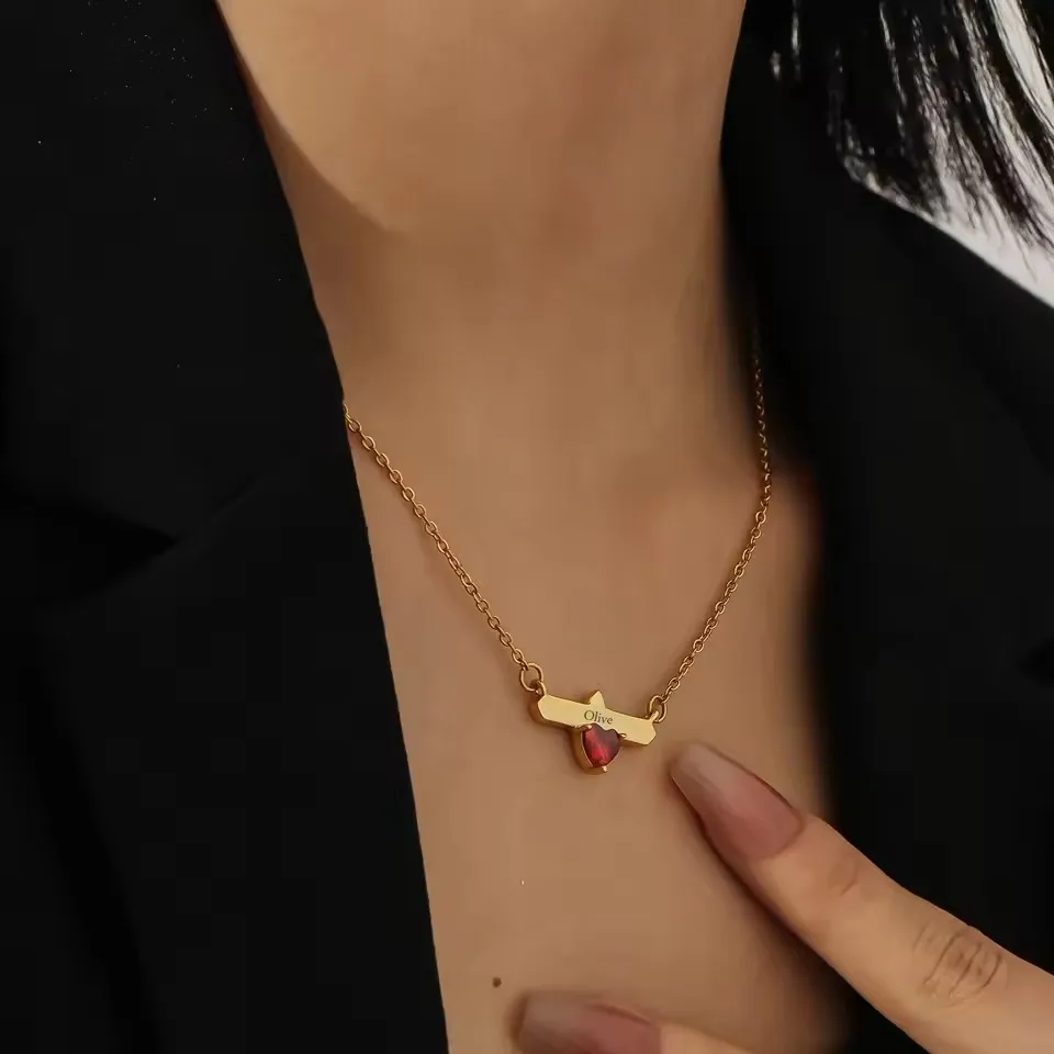 مجوهرات من صلب لا يصدأ هدية عيد ميلاد للنساء اسم شخصي قلادة القلب جوهرة الميلاد قلادة أفقية اسم مخصص #4