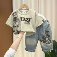 2-8 Years Boys Summer Clothing Set Letter Print Short Sleeved T-shirt+Denim Shorts 2Pcs Suit For Kids Handsome Casual Outfit