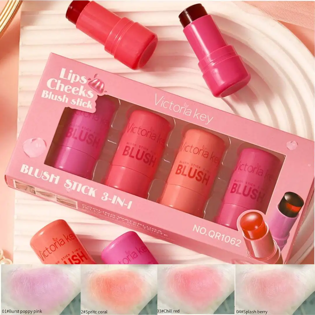 4pcs Original Jelly Blush Stick Milk Makeup Lasting Brightens Facial Cheek Stick Moisturizing Flash Lip Gloss Lip Gloss Face