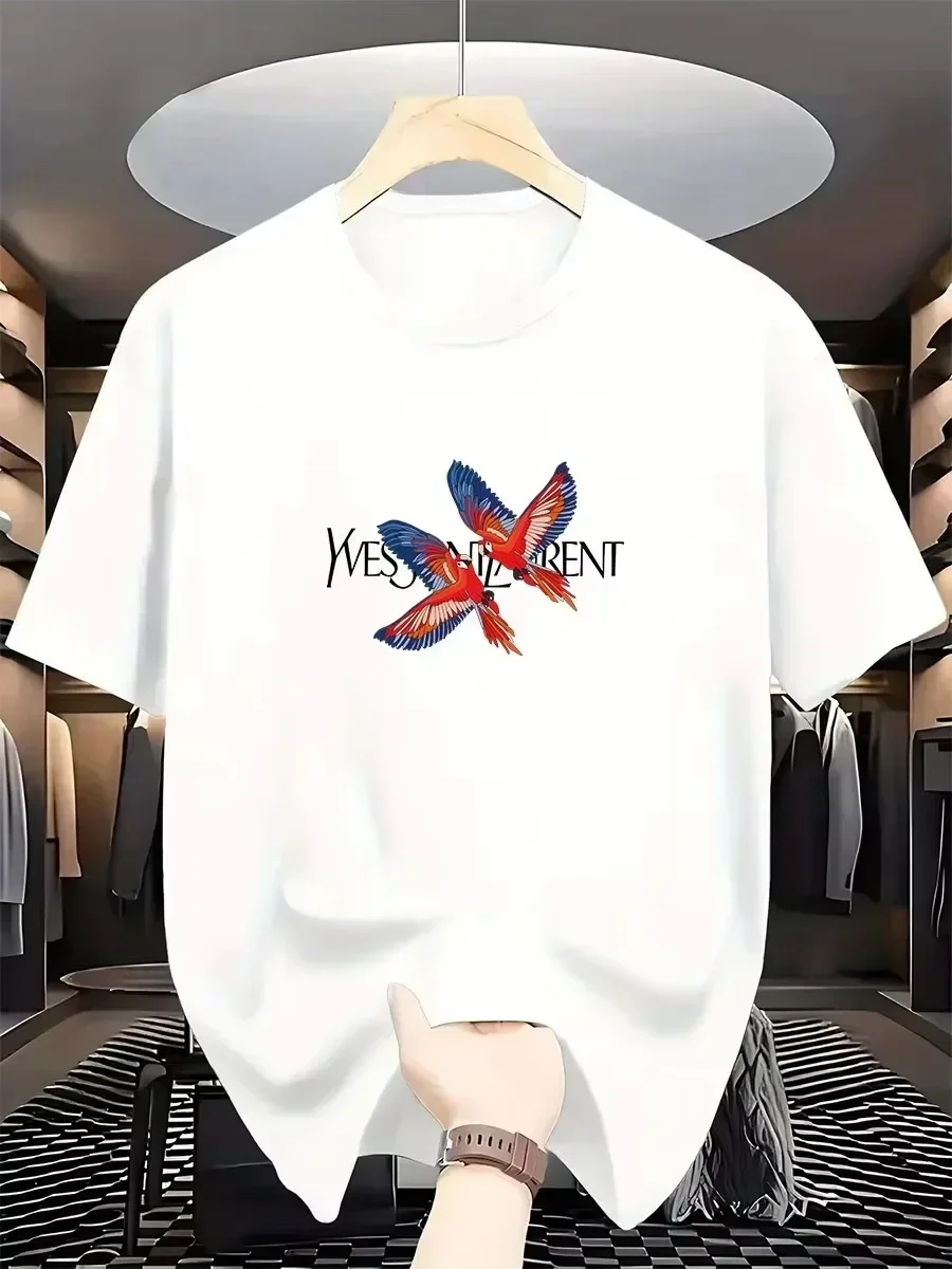 2026 new Men Bright Red T Shirt Colorful Flying Parrot Bird Graphic Letter Print Short Sleeve Casual Cotton Tee Summer Top