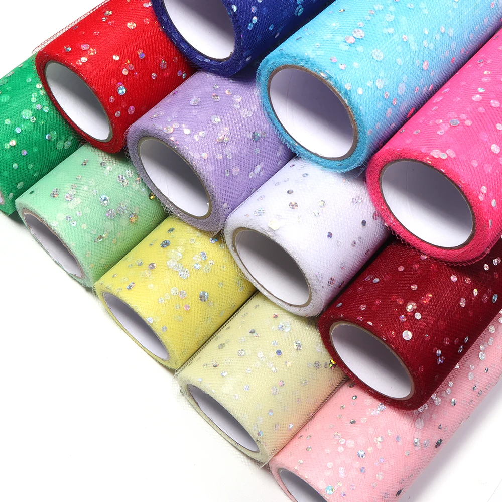 10yards 15cm Polyester Laser Sequin Tulle Sparkly Glitter Mesh Fabric for Wedding Party Decoration Gift Wrapping DIY Bow Crafts