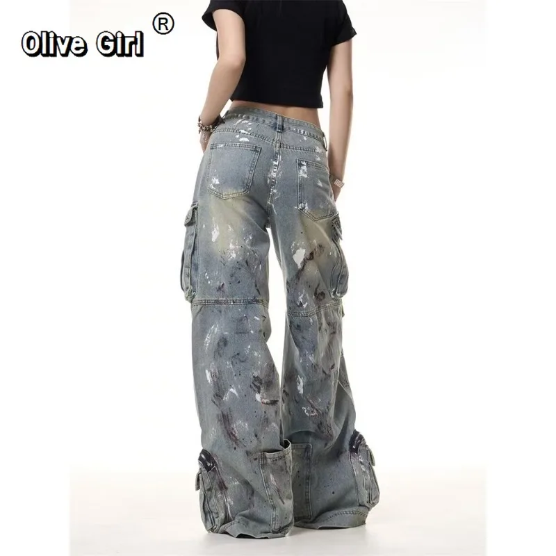 Olivegirl Denim Jeans American High Waist Graffiti Multi Pocket Jeans Trousers Women Men 2026 Spring Loose Fluffy Wide Leg Pants