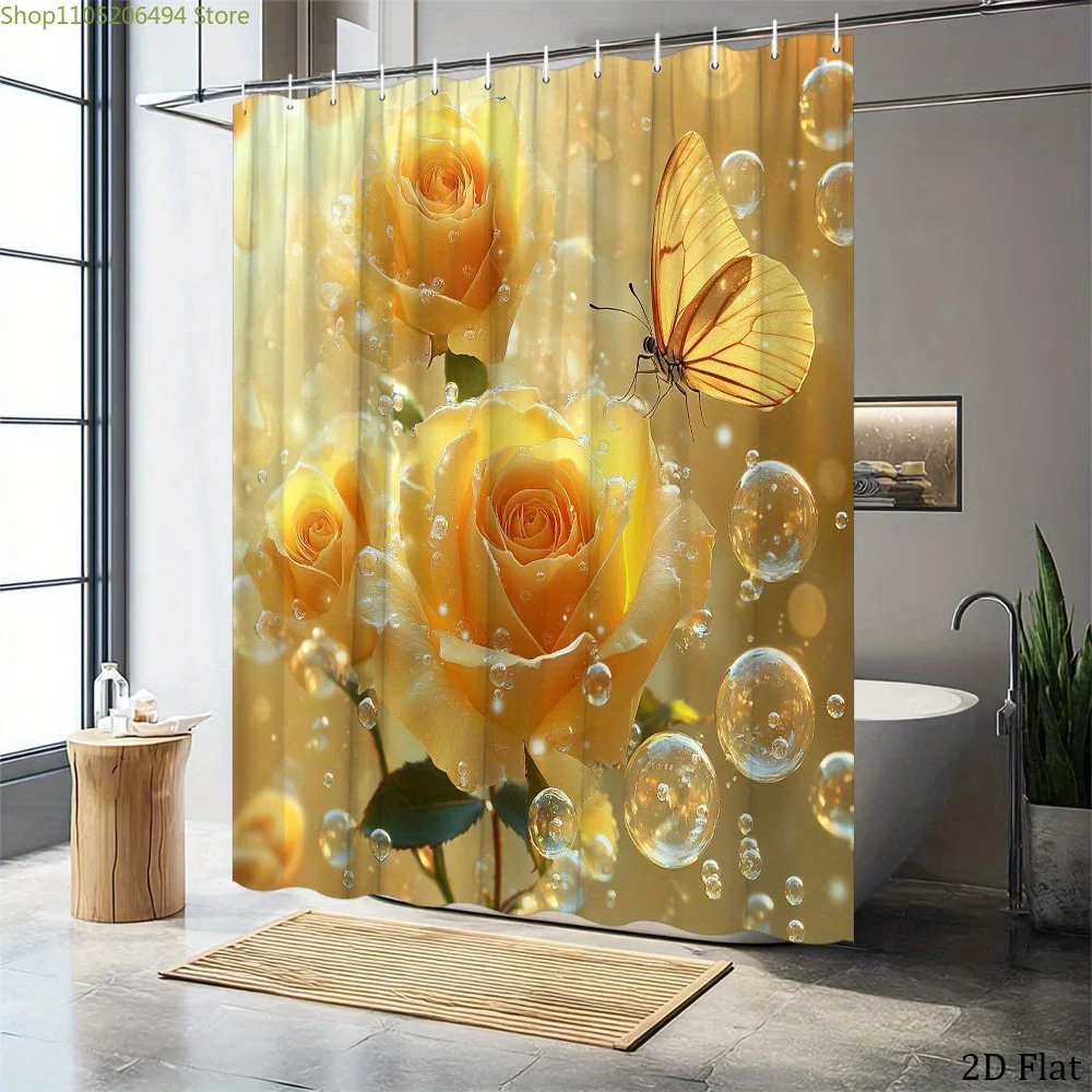 1pc Rose Shower Curtain Golden Yellow Bloom Butterfly Bubbles Ethereal Home Bathroom Bathtub Decorative Curtain with Hooks