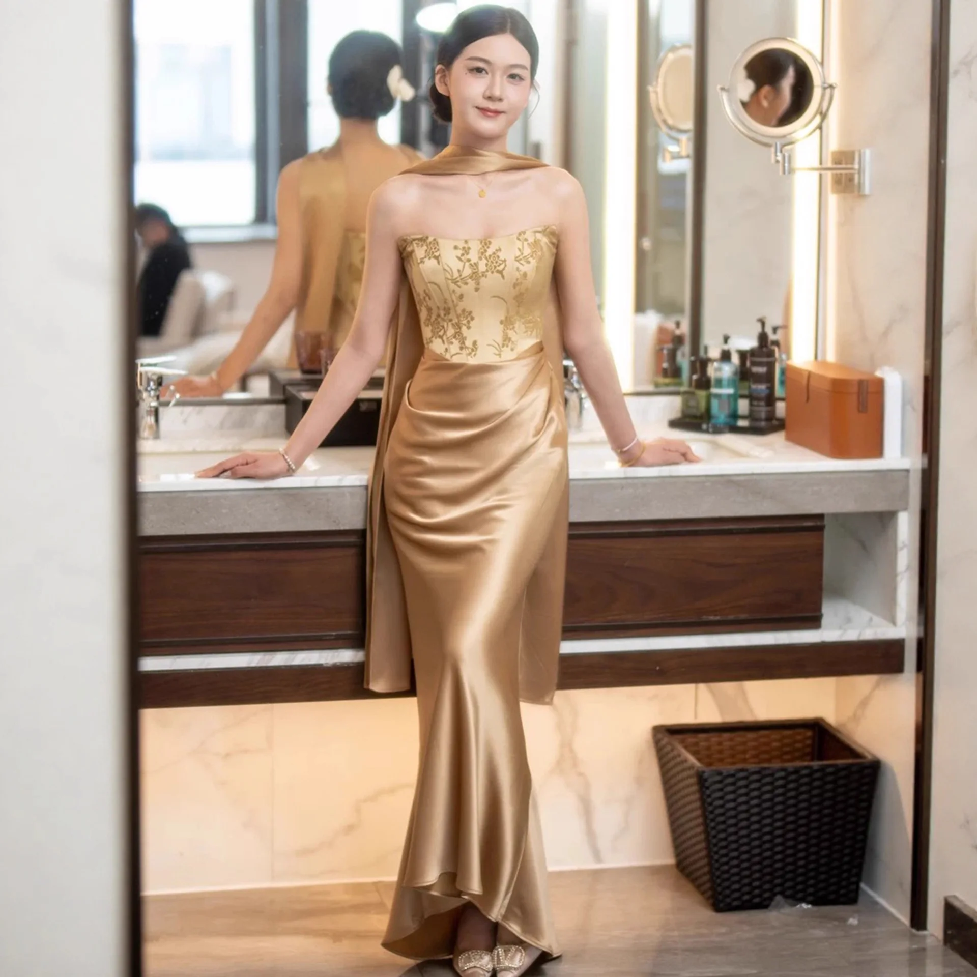 GIYSILE Champagne Gold Satin Mermaid Evening Dress Strapless Embroidered Bodice Floor-Length Formal Prom Wedding Party Dresses