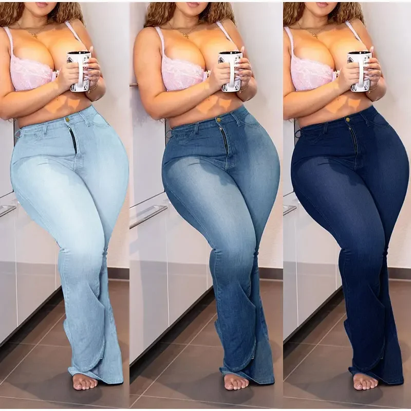 Plus Size White Blue Stretchy Flare Jean Women 5XL High Waist Wide Leg Vintage Bell Bottom Denim Pants Mom Indie Stacked Jeans