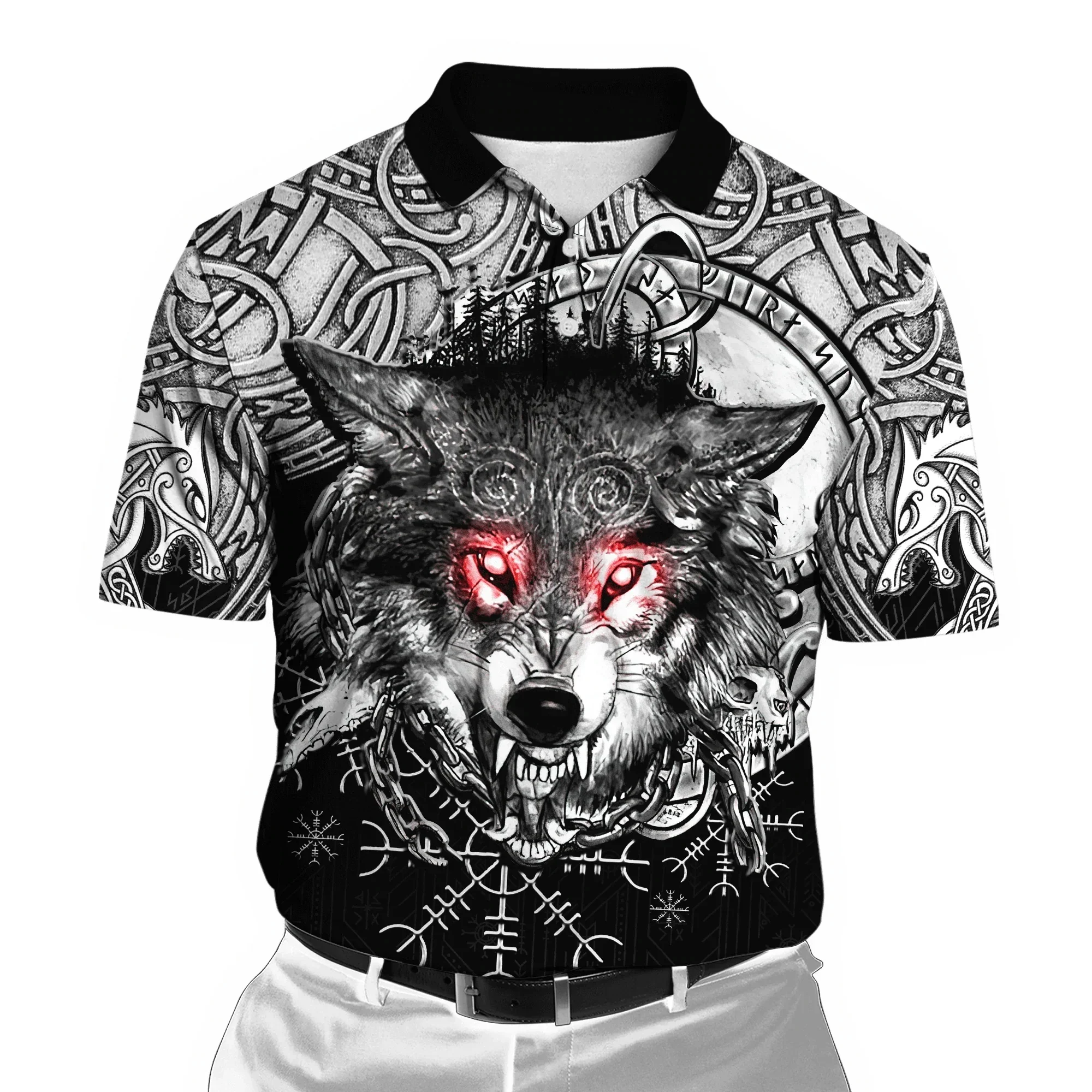 

PLstar Cosmos Wolf Tattoo Red Eyes Valknut Symbol 3D All Over Printed Men's Polo Shirts Casual lapel short sleeve shirt PLP07