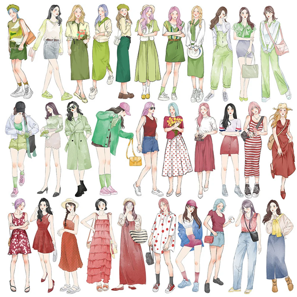 

10/30/60pcs Four Seasons Fashion Dress Girls Outfit Stickers Aesthetic Decorative Planner Phone Stationery Vinyl Sticker Toys