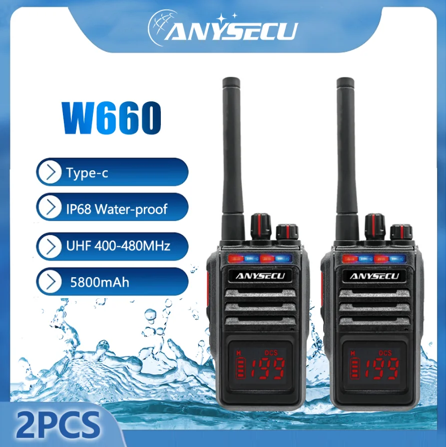 ANYSECU Handheld Analog Walkie Talkie W660 UHF IP68 Water-proof 5800mAh Type-C Charging 199CH Emergency flash alarm Function