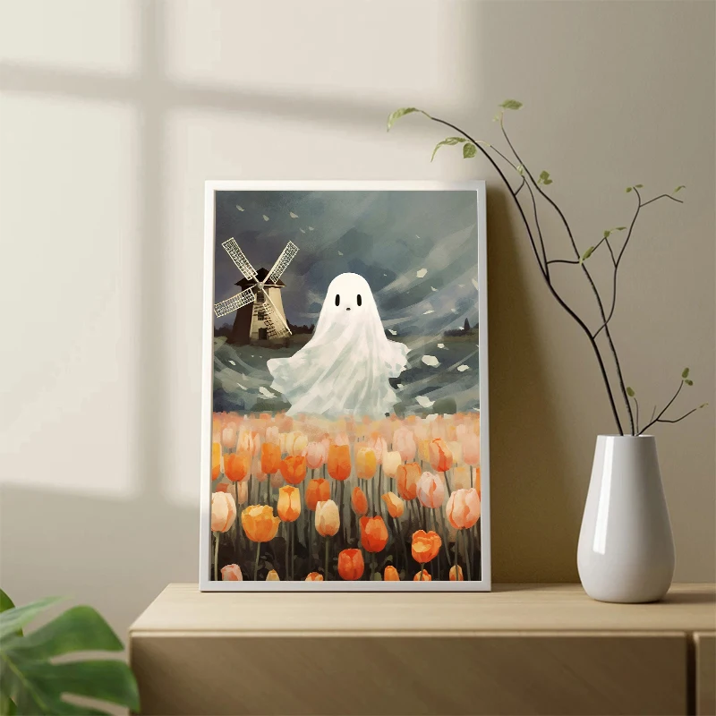 White Ghost Kawaii Halloween Pumpkin Wall Art Canvas Painting White Ghost Life Posters Prints Wall Picture for Room Home Decor