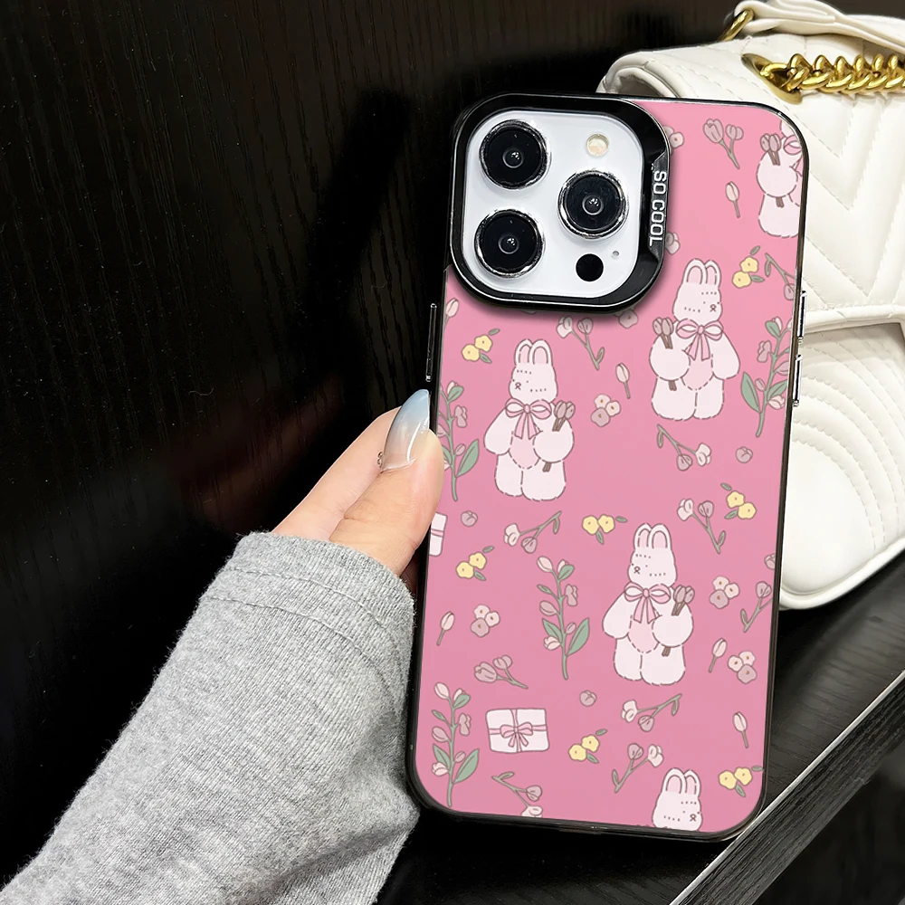 Full-blown Flowers Bunny Cute Pink Fashion Phone Case for iPhone 16 12 13 14 15 11 Max Pro Plus Laser IMD Color Shell image 2