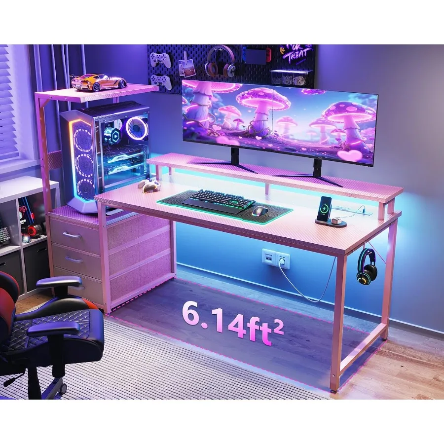 مكتب ألعاب قابل للعكس مقاس 59 بوصة مع منافذ شحن USB وإضاءة LED للمكتب المنزلي الحديث أو غرفة الترفيه تتضمن S