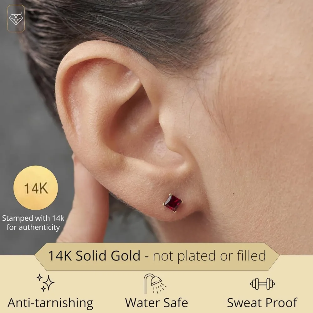 أقراط مربعة من الأحجار الكريمة مقطوعة بالأميرة من الذهب الأبيض أو الأصفر عيار 14 قيراط للنساء، جوهرة ميلاد 4 مم مع ظهر دفع