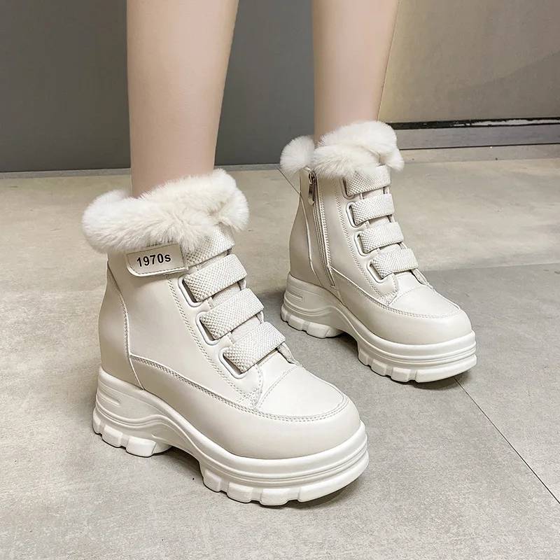 Women\'s Fur Snow Boots Winter Thick Bottom Short Boots Heels Round Toe Warm Plush Platform Boots Fashion Causal Ankle Boots