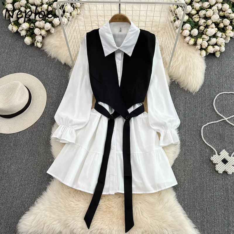 Neploe Turn Down Collar Long Sleeve Single-breasted Dress Suit+solid Color Sleeveless Vest Top Outfits Korean Chic 2pcs Set