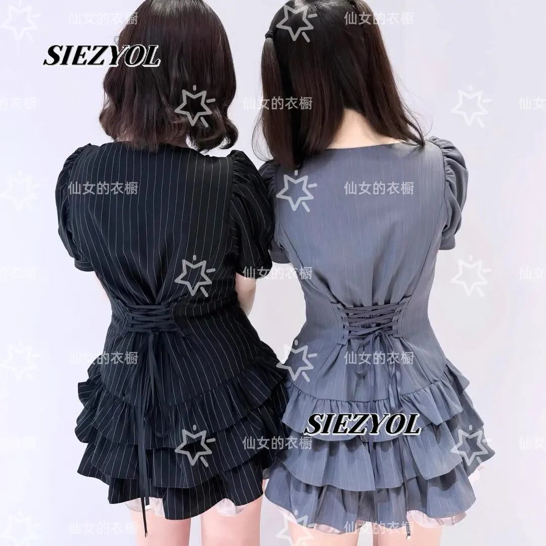 Japanese Style Bows Saliva Collar Silm Tie Back Dress Double Row Heart Button Bubble Short Sleeve Tops and Shorts Two-piece Set