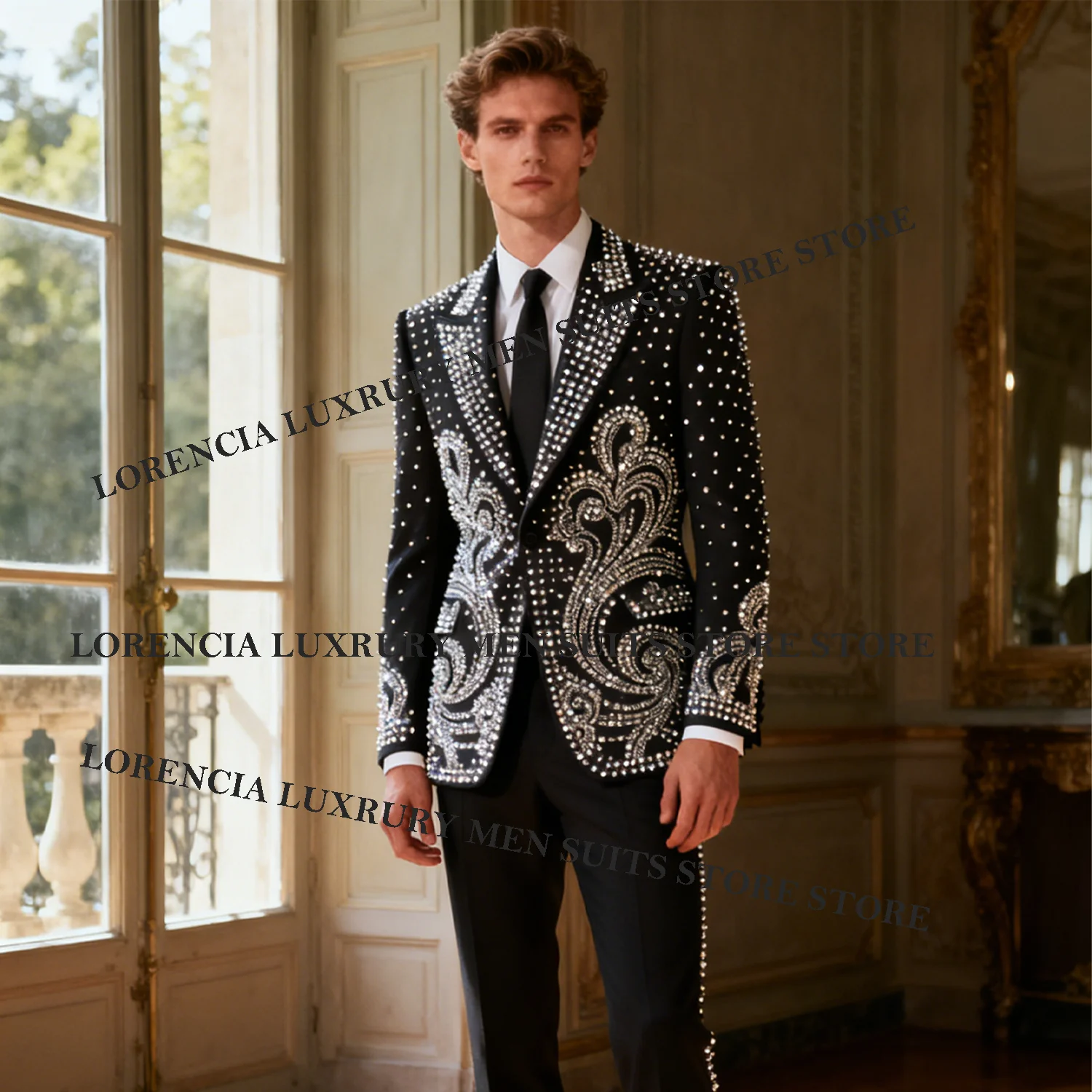 

Customized Gem Diamond Men Suit Glitter Wedding Tuxedos 2 Pieces Sets Single Breasted Groom Male Blazers Slim Fit Ropa hombre