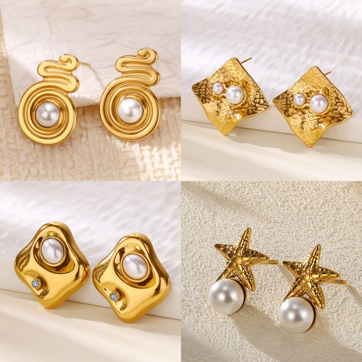 Elegante Quadratische Imitationsperlen Geometrische Damen-Ohrringe Edelstahl Vergoldet Stern-Schmuck Geschenk