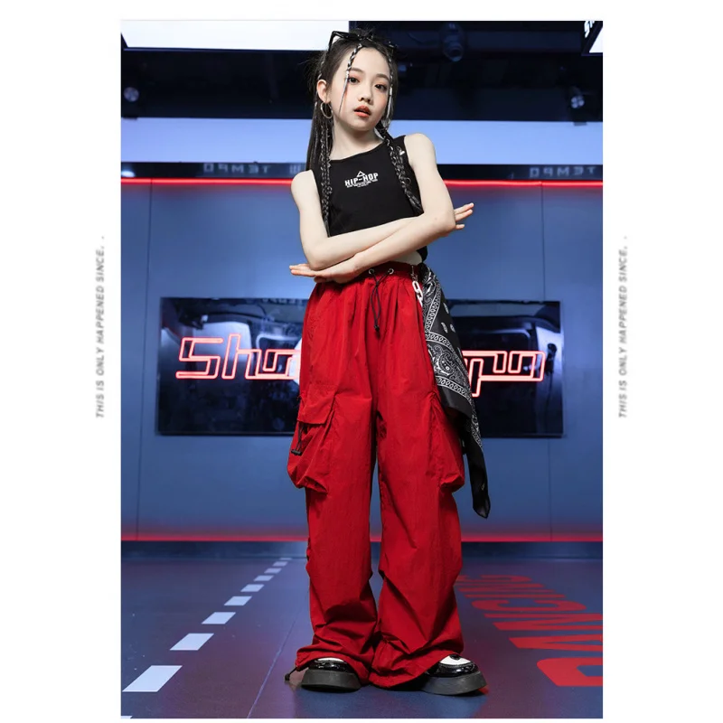 Tenue de danse Hip Hop pour enfants, olympiques de jazz Hip Hop pour filles, haut de nombril de route serré, pantalon de performance rouge, scène