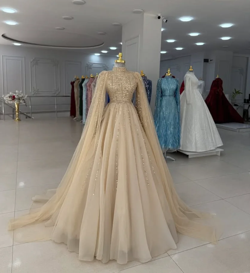 

Champagne Gold Sparkly Muslim Caftan Evening Dresses with Cape Gillter High Neck Long Sleeve Kaftan Prom Gown Customsized