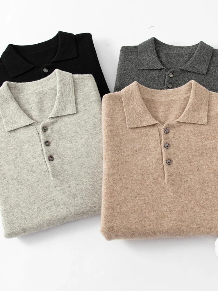 ANGEL Men's POLO Collar Sweater Long Sleeve Business Pullovers 100% Merino Wool Knitwear Autumn Winter Thick Shirt Basic Clothes